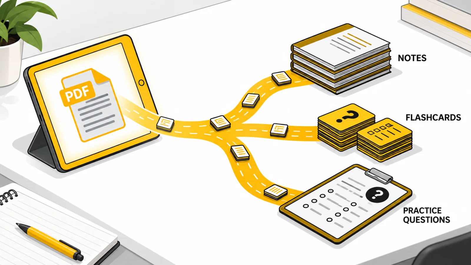 PDF branching into notes, flashcards, and practice questions