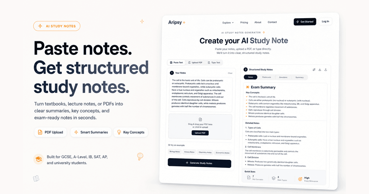 Aripsy PDF to study notes workflow with document upload and generated notes